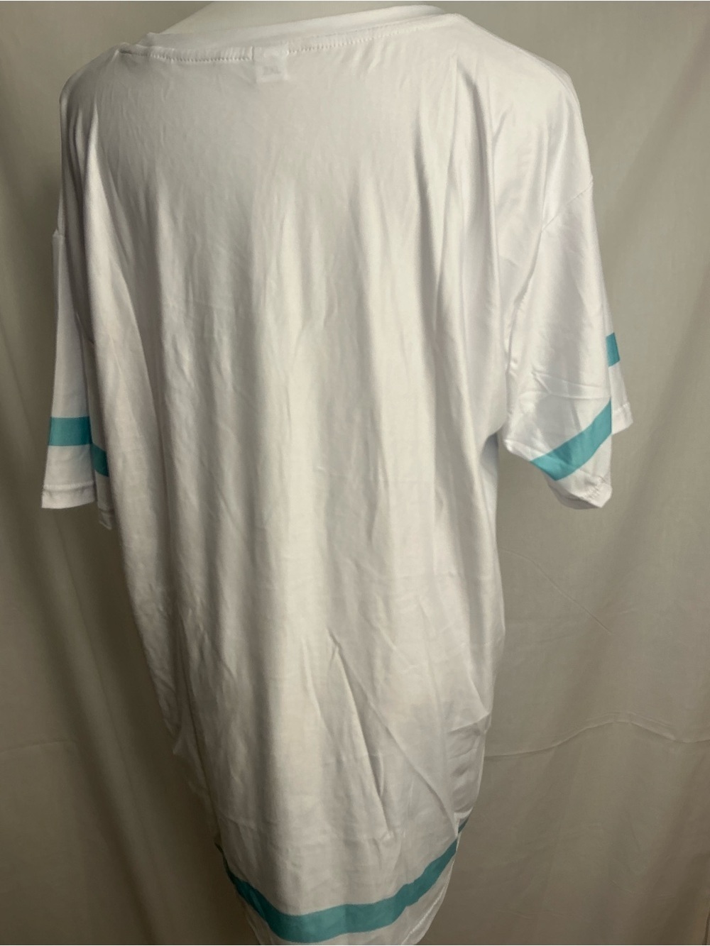 2124 - White Short-Sleeve Men’s Graphic Tee with Teal and Pink Accents - Picture 4 of 5